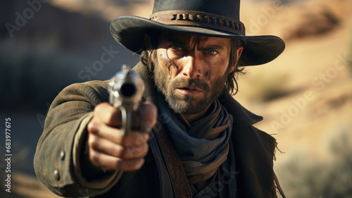 Cowboy pointing gun like in western movie, face of gunfighter man wearing hats and vintage outfit during shootout. Concept of bandit, wild west, outlaw, shoot, showdown, gunfight