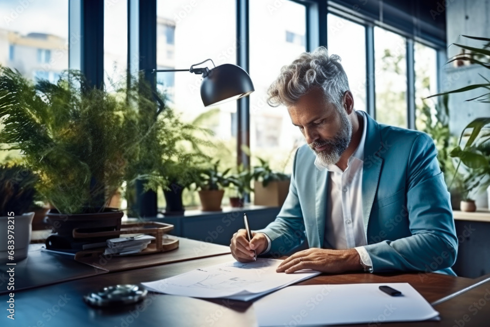 Mature businessman working at desk on paperwork in office. Mature businessman working at desk on paperwork in office.