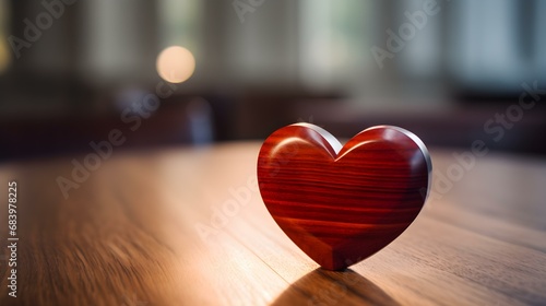 Close up of a ruby Heart on a wooden Table. Blurred Background