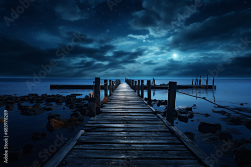 Wooden walkway pier over the ocean at night