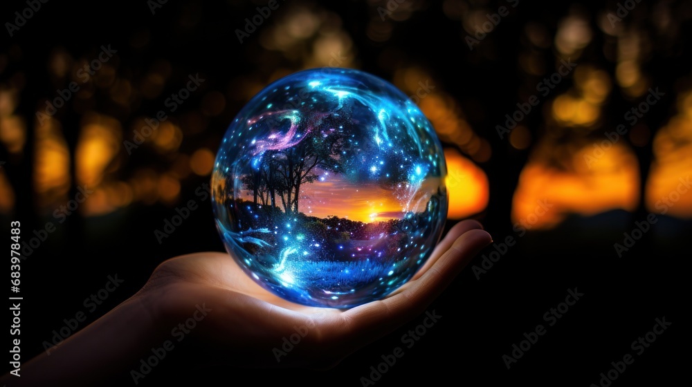 a person's hand holding a glass ball with a picture of a night sky and trees on it in front of a setting sun. a person's hand holding a glass ball with a picture of a night sky and trees on it in front of a setting sun.