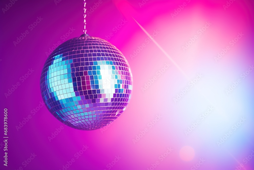 Obraz premium Generative AI, Disco shiny ball, party reflecting colorful lights for music broadcast, night clubs, musical banners