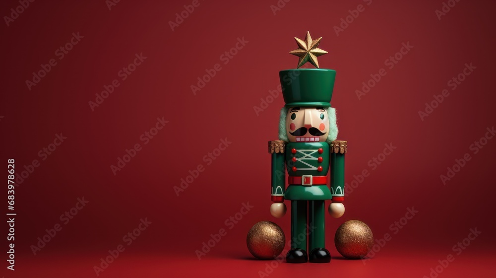  a nutcracker with a star on top of it's head, standing in front of a red background.