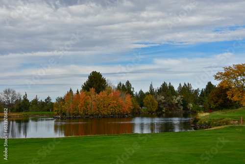Beautiful and challenging Central Oregon golf course near Redmond and Bend. Rolling terrain with view of Mt. Bachelor and featuring picturesque water hazards. Approximately 180 miles from Portland.
