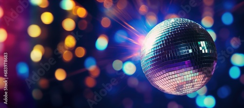 Generative AI, Disco shiny  ball, party reflecting colorful lights for music broadcast, night clubs, musical banners photo