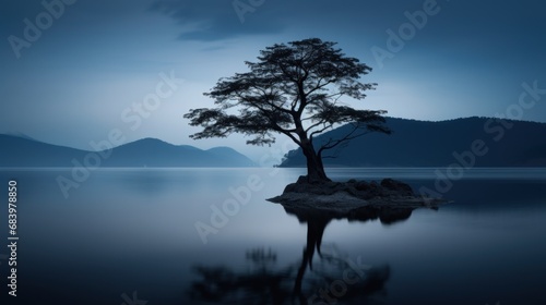  a lone tree sitting on a small island in the middle of a body of water with mountains in the background. © Olga