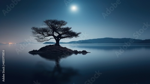  a lone tree sitting on a small island in the middle of a lake with a full moon in the background.