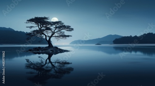  a lone tree sitting on a small island in the middle of a lake with a full moon in the background.