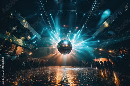 Generative AI, Disco shiny  ball, party reflecting colorful lights for music broadcast, night clubs, musical banners © DELstudio