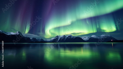  a green and purple aurora bore over a mountain range and a body of water with a boat in the foreground.