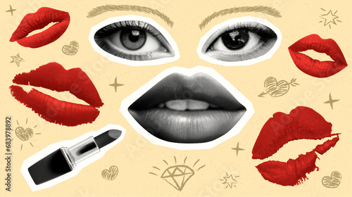 set with lips mouth lipstick eyes lip print vintage grunge dotted halftone cut-out glamour fashion romantic passion collage elements doodle shapes