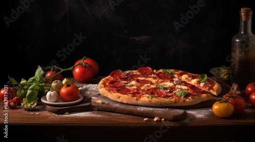  a pizza sitting on top of a wooden cutting board next to a bottle of wine and a bunch of vegetables.