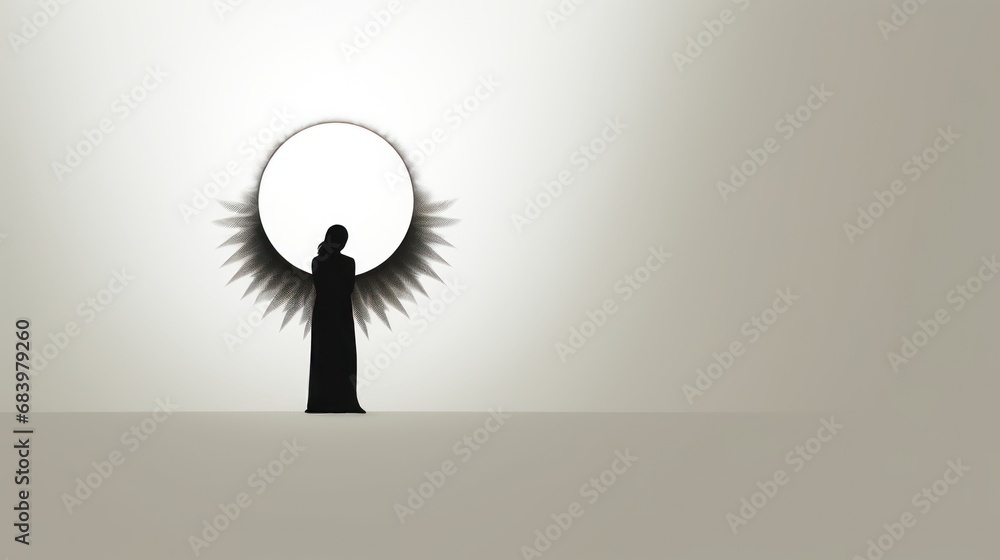 Obraz premium a person standing in the middle of a room with an angel's wing in the middle of the room.