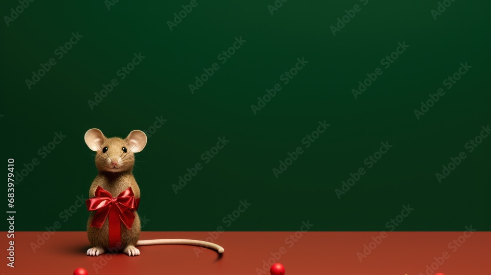 Fototapeta premium a mouse sitting on top of a table with a red ribbon around it's neck and a red bow around its neck.