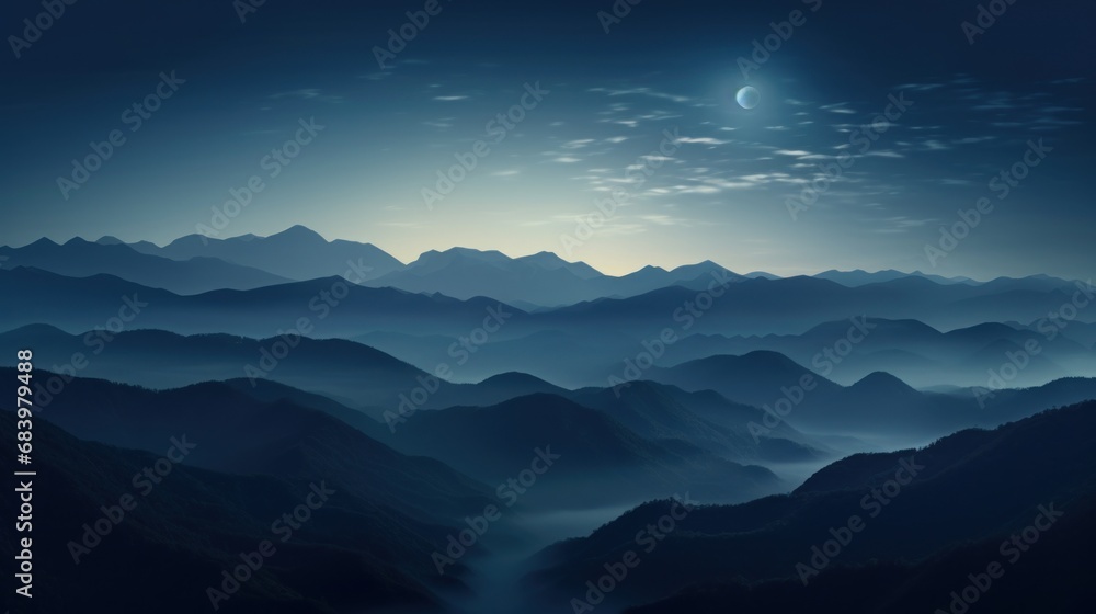  a view of a mountain range at night with a full moon in the sky and a river running through it.
