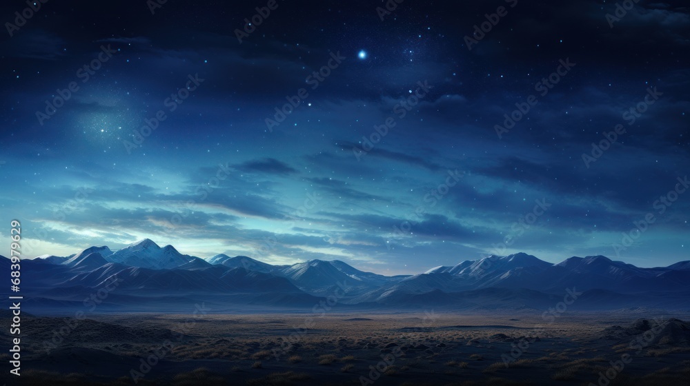 a view of a mountain range at night with a full moon in the sky and stars in the night sky.