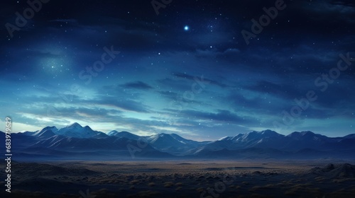 a view of a mountain range at night with a full moon in the sky and stars in the night sky. © Olga