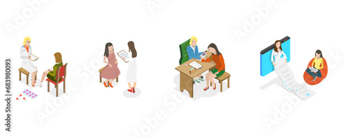 3D Isometric Flat  Conceptual Illustration of Womens Health  Consultation and Diagnosis