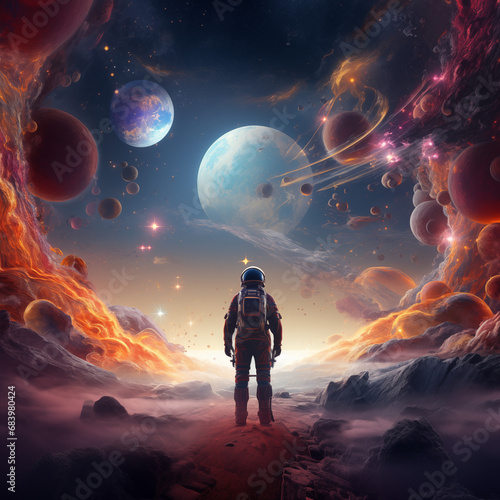 astronaut walking in colorful psychedelic planet environment space art landscape © filiz