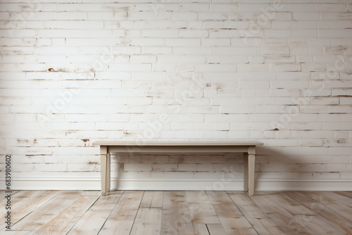 Room with empty white brick wall and wooden table mockup background