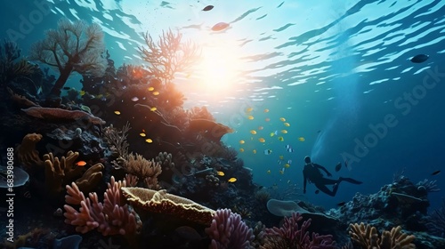 a coral reef with fish and plants