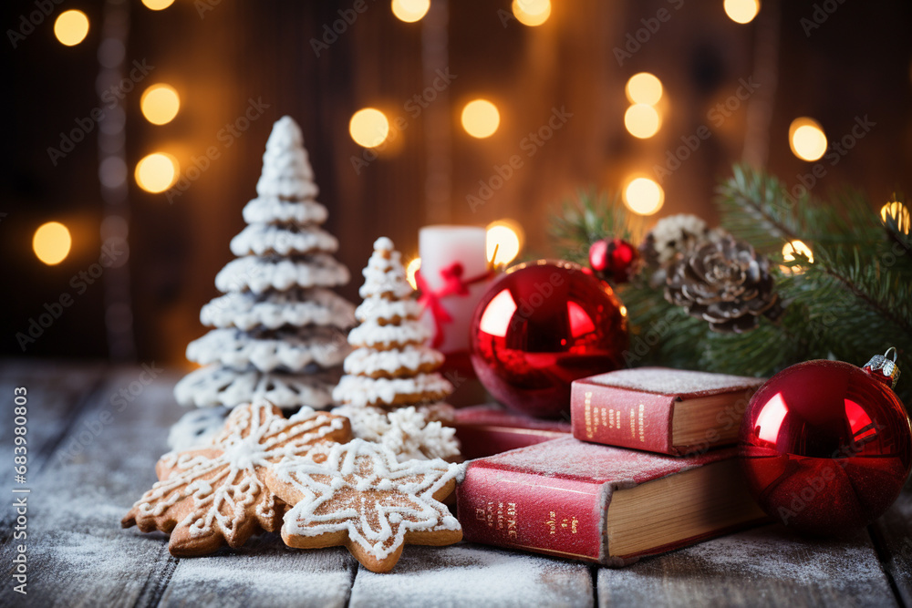 Christmas and new year background gifts, books, biscuits or christmas elements on the background AI