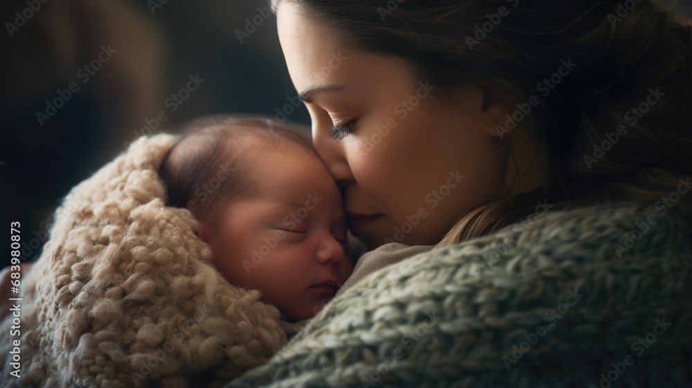 Happy young woman holding her newborn baby. Mother hugging her child, motherhood, family, childcare concept background Happy young woman holding her newborn baby. Mother hugging her child, motherhood, family, childcare concept background