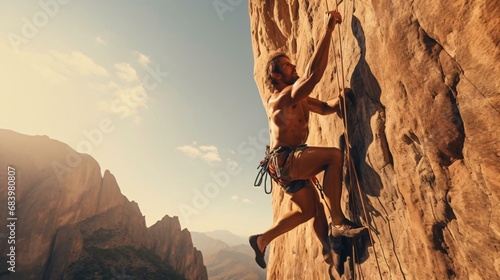 a man climbing a rock photo