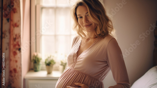 Portrait of happy pregnant woman standing in the room