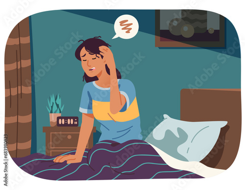 Sleepless woman person having insomnia problem. Tired awake woman suffering from stress sitting in bed at night. Sleeplessness, sleep anxiety, headache, nightmare concept flat vector illustration