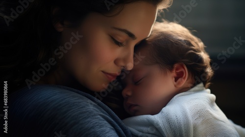 Happy young woman holding her newborn baby. Mother hugging her child, motherhood, family, childcare concept background photo