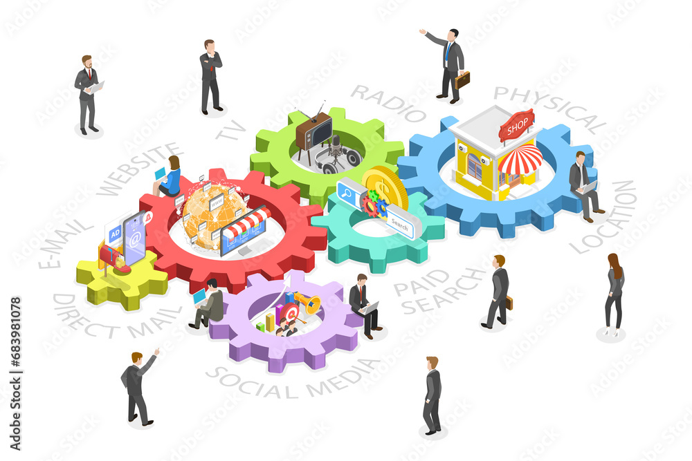 Fototapeta premium 3D Isometric Flat Conceptual Illustration of Omnichannel, Communication Channels Between Seller and Customer