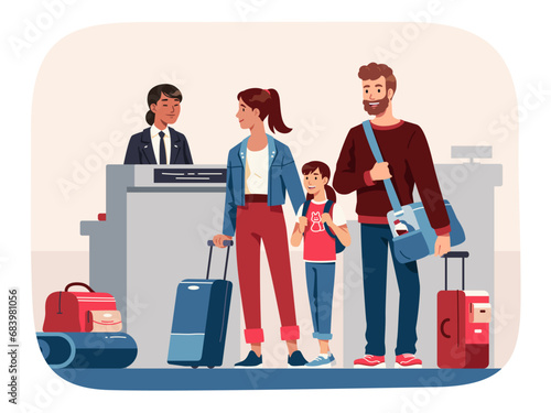 Family with luggage in airport going on trip. Happy traveler mother woman, father man person with girl child at check-in counter. Passenger control, departure, travel, journey flat vector illustration