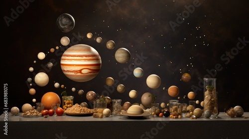  a table topped with lots of different types of food and a bunch of planets flying in the air above it.