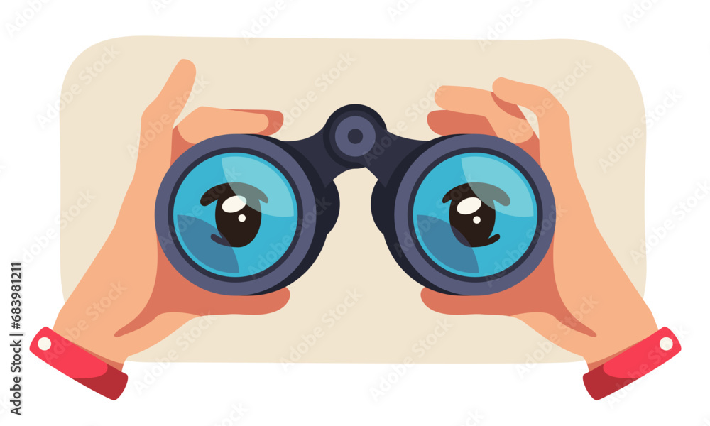 Naklejka premium Eyes looking through binoculars in hands. Business person observing exploring future searching for ideas and strategy. Opportunity observation, perspective vision concept flat vector illustration