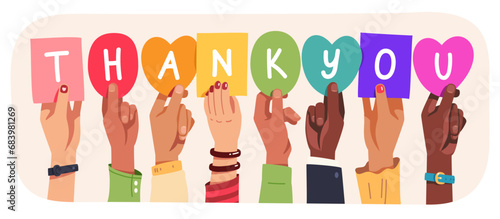 Multi-cultural thank you message concept. Hands raising cards with letters of gratitude. Diverse multi-ethnic raised hands holding appreciation word cards. Grateful person vector illustration