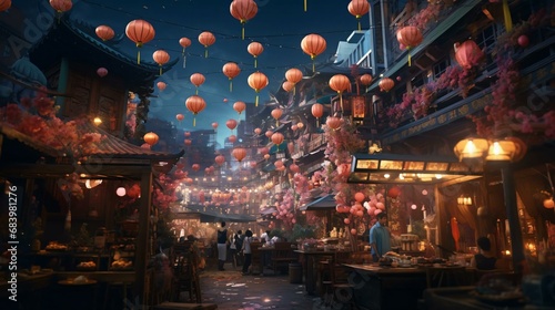 a street with lanterns from the ceiling