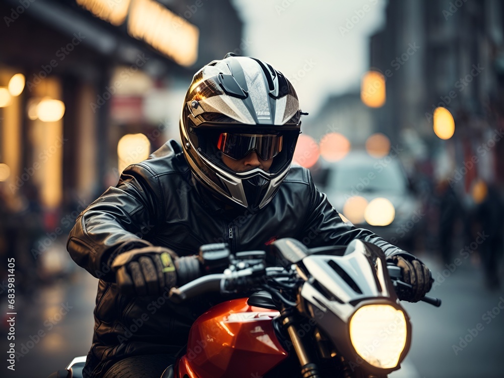 Motocross rider biker driving on a motorcycle with high speed in motion. blurry lights city street road background. motorcyclist with helmet and equipment. Motocross rider biker driving on a motorcycle with high speed in motion. blurry lights city street road background. motorcyclist with helmet and equipment.