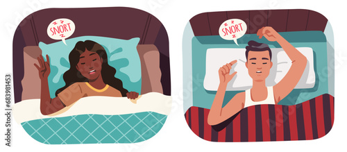 Snoring person sleeping in bed set. Asleep man, woman lying in bed having sleep apnea disorder problem making snore noise sound. Night relaxation in home bedroom concept flat vector illustration