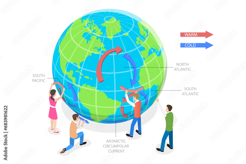 3D Isometric Flat Conceptual Illustration of Oceanic Gyres Map, System of Circulating Water Currents 3D Isometric Flat Conceptual Illustration of Oceanic Gyres Map, System of Circulating Water Currents