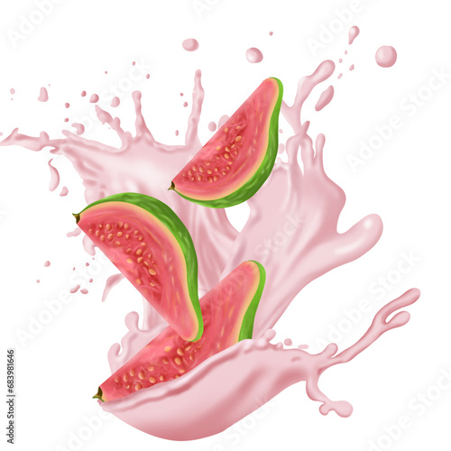 Pink guava fruit with juice splash isolated on transparent background.