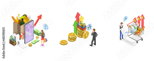 3D Isometric Flat  Conceptual Illustration of Inflation  Price Rising  Reduction in the Purchasing Power of Money