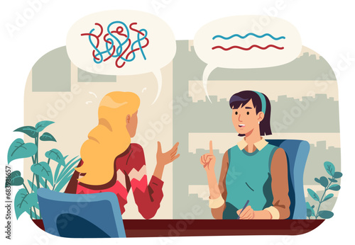 Psychologist and patient psychotherapy session. Psychotherapist or psychiatrist doctor woman help person with mental problem. Psychology counseling, health, therapy concept flat vector illustration