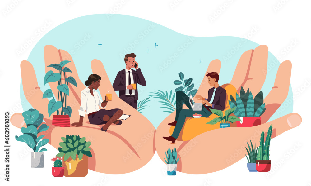 Comfortable work environment concept. Workplace employee care, great office worker space conditions and place comfort. Big hands holding manager team on job metaphor. Vector character illustration
