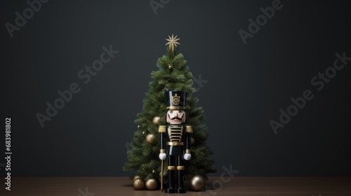  a nutcracker standing in front of a christmas tree with a nutcracker figure in front of it.