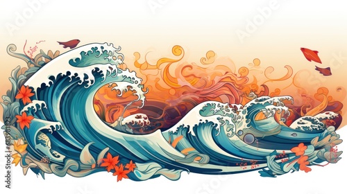  a painting of an ocean wave with a bird flying in the sky above it and flowers on the bottom of the wave.