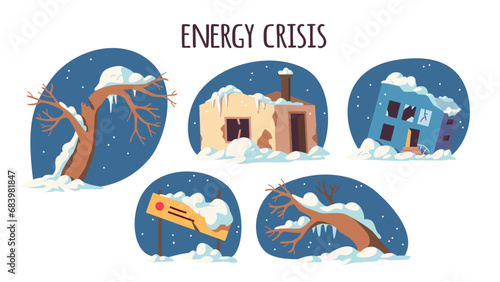 Energy crisis aftermath. Snow covered winter tree, abandoned house set. Frozen sign board, snowy broken tree, building with cracks, ice snowfall. Snowdrift, snowstorm, natural disaster illustration