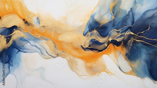  an abstract painting with blue, yellow, and white swirls on a white and blue background with gold accents.