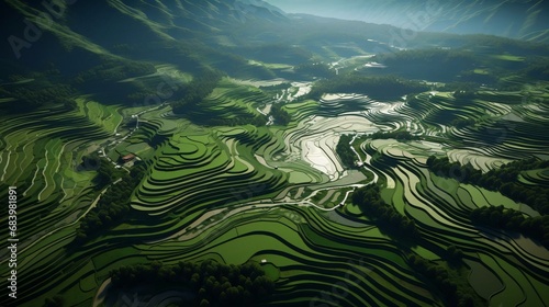a green landscape with a river with Longsheng Rice Terrace in the background photo