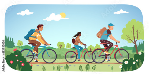 Friends people riding bicycles in spring nature. Active young men and woman cycling together outdoors. Cyclist person ride activity in green park, summer recreation, sport flat vector illustration